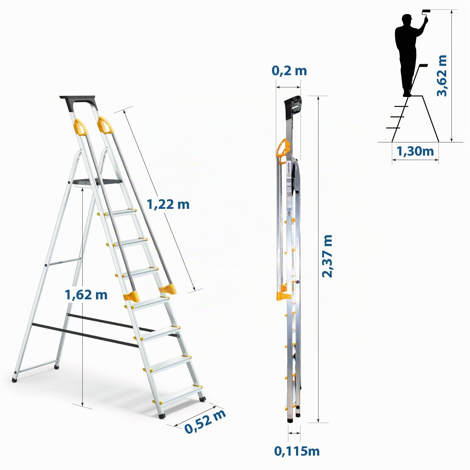 HOSTRÖM Trittleiter 8 Stufen, Duramp, mit Sicherheitsrampen und Werkzeughalter, leicht und faltbar, Höhe der Plattform 162 cm, 5 Jahre Garantie