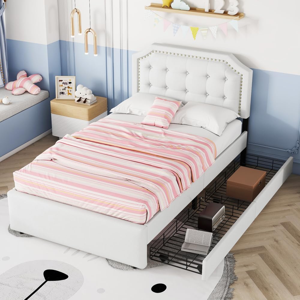 Brandless tapicerowane łóżko z podwójnymi szufladami, nowoczesny design, ciemnobeżowe, wygodny mebel do sypialni dla dorosłych i dzieci (jasnobeżowy + płyta MDF + 90 cm x 200 cm)