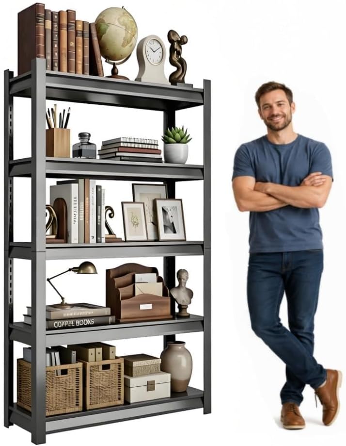 Librería de 5 niveles con estantes de almacenamiento ajustables, estantería de metal con tapón para libros, estanterías para biblioteca, oficina, sala de estar (Negro-91)