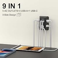 Vista 2 de Extensor de sobretensiones multitoma de corriente con 5 salidas de CA y 4 puertos USB (2 USB C), 1,680 julios, divisor de salida para oficina