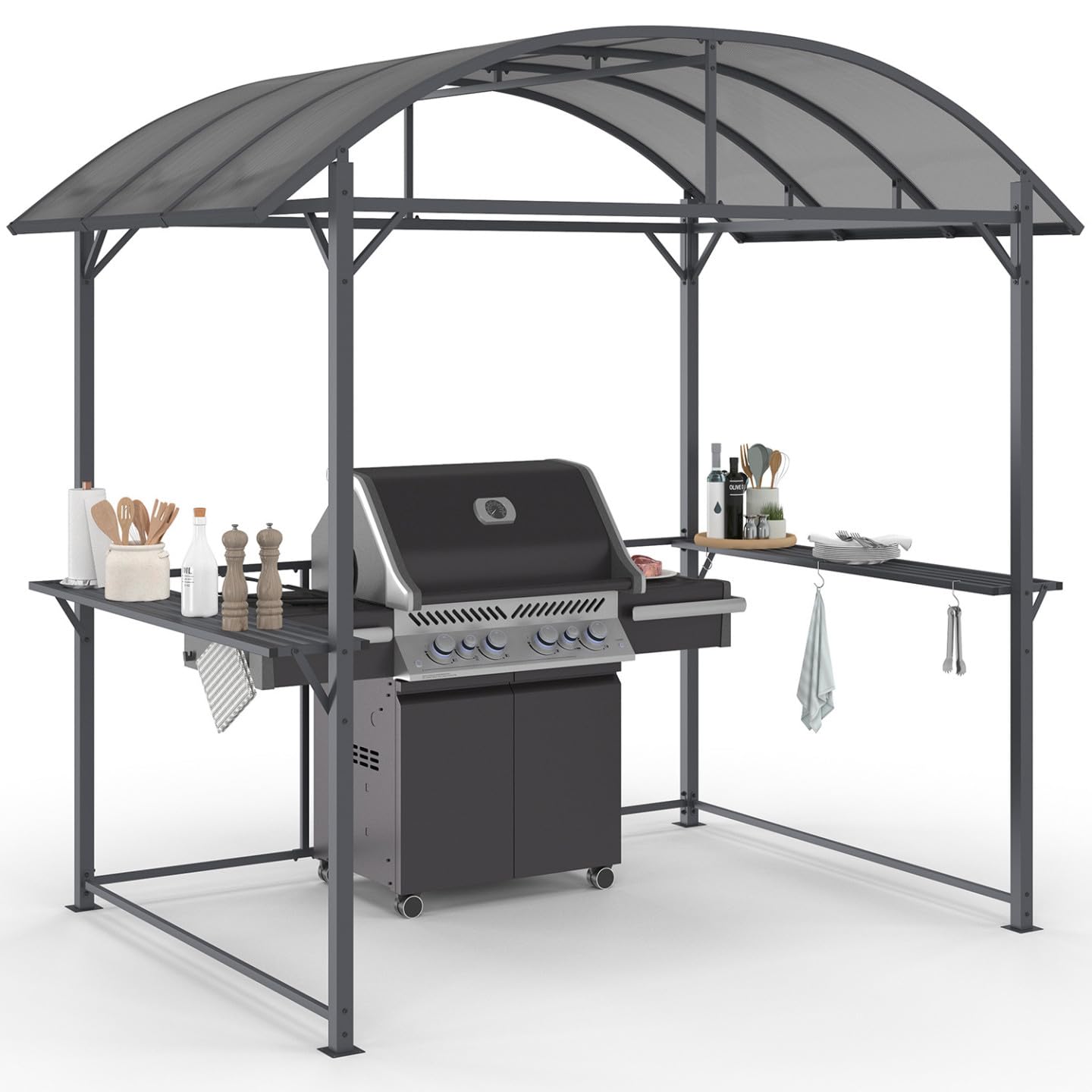 IDMarket - Abri pour Barbecue 240 x 150 x 220 cm avec étagères, en métal Gris et Toit en Polycarbonate