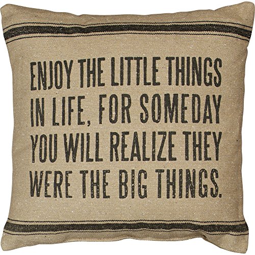 Primitives by Kathy Vintage Flour Sack Style Enjoy The Little Things Throw Pillow, 15-Inch Square