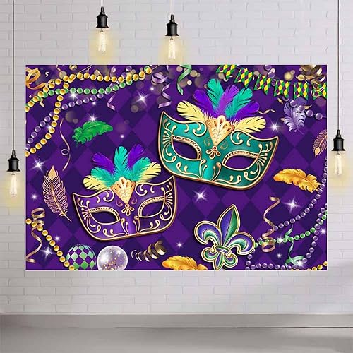 Miniatura 4 de MEHOFOND Telón de fondo de Mardi Gras de 7 x 5 pies, para baile de graduación, carnaval, fiesta, fotografía, fondo morado, verde, dorado, cuentas