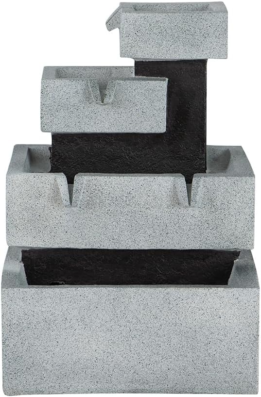 A&B Home 4 Tier Gray and Black Block Modern Water Fountain with Light and Pump, Unique Decorative Fountain Indoor Outdoor for House Office Table Garden Patio Yard Entryway