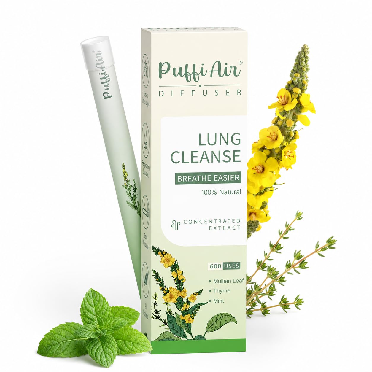 Puffiair Green Diffuser Pen Natural Mullein Leaf Aromatherapy Inhaler | Nicotine Free Lung Cleanser | Herbal Mullein Diffuser 300 Uses