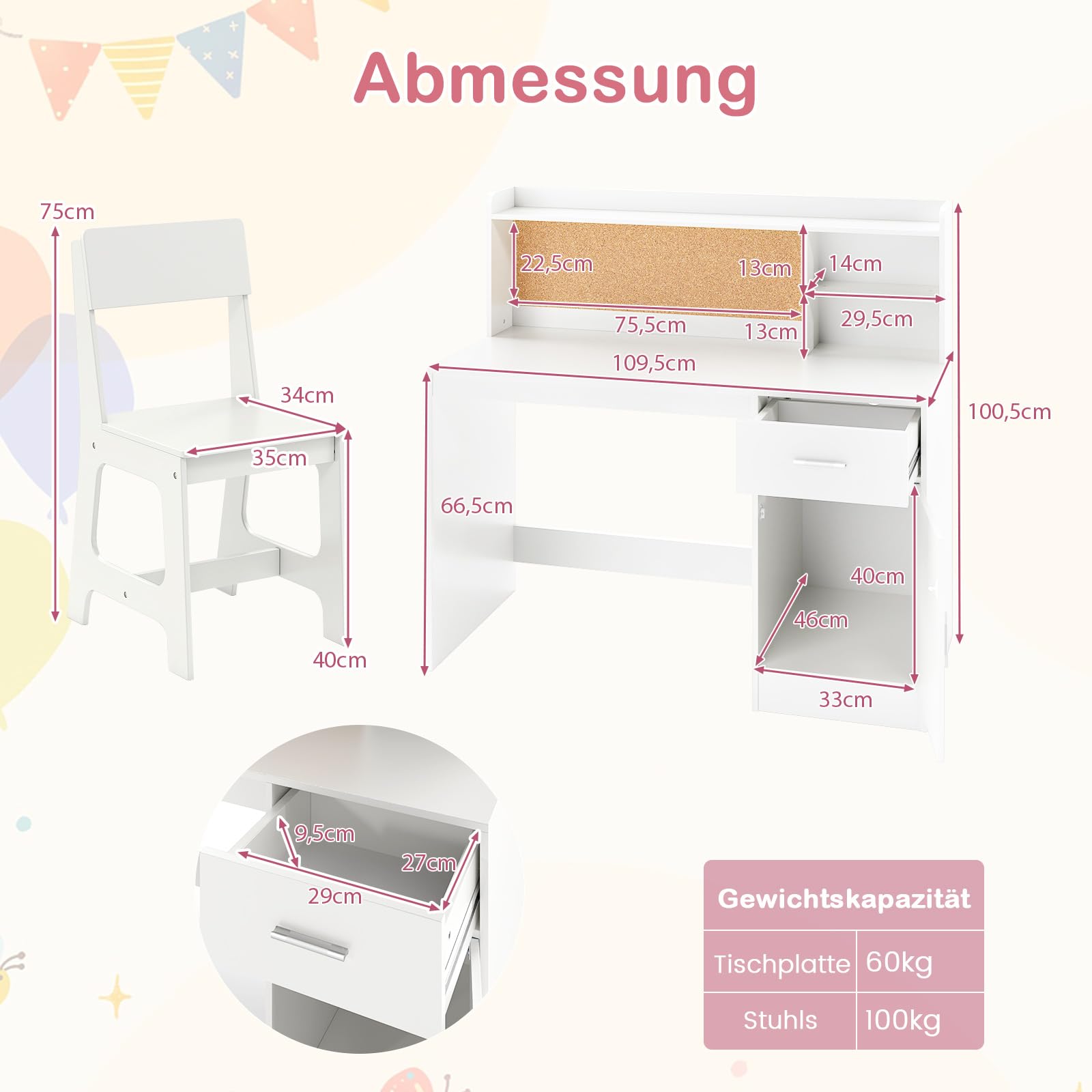 GOPLUS Schreibtisch Kinder mit Stuhl, Kinderschreibtisch Holz mit Regal, Schublade, Schrank & Pinnwand, Jugendschreibtisch zum Essen, Lernen, Zeichnen, für Mädchen & Junge ab 3-8 Jahren (Weiß)