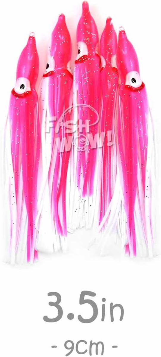 100pcs Fish WOW!® 3.5 inch Squid Skirts 9cm Octopus Hoochies Fishing Soft Lures -10 Colors- Pink, White, Red, Blue, Glow,Green, Red, Rainbow, Chartreuse