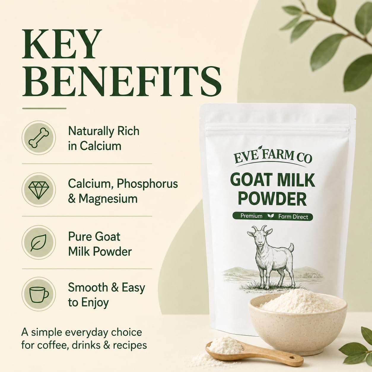 Eve Farm Co Goat Milk Powder - Gentle Digestion Formula, Smooth & Creamy for Coffee, Drinks & Recipes, Pet Friendly, Non-GMO & Gluten Free, 300g