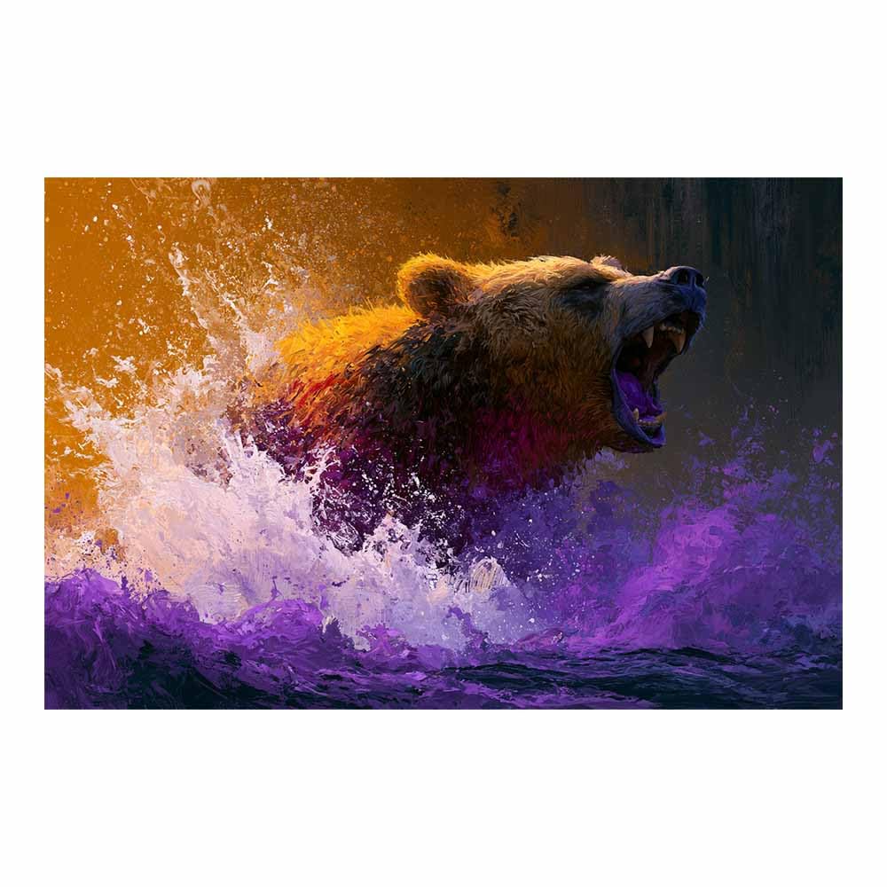 PUQAAEO Wall Art Painting Grizzly Bear Prints On Canvas Wild Roaring Bear Art Animal Pictures Wall Art for Home Cabin Decoration Rustic Farmhouse Decor(Multicolor)-60x90cm Unframed