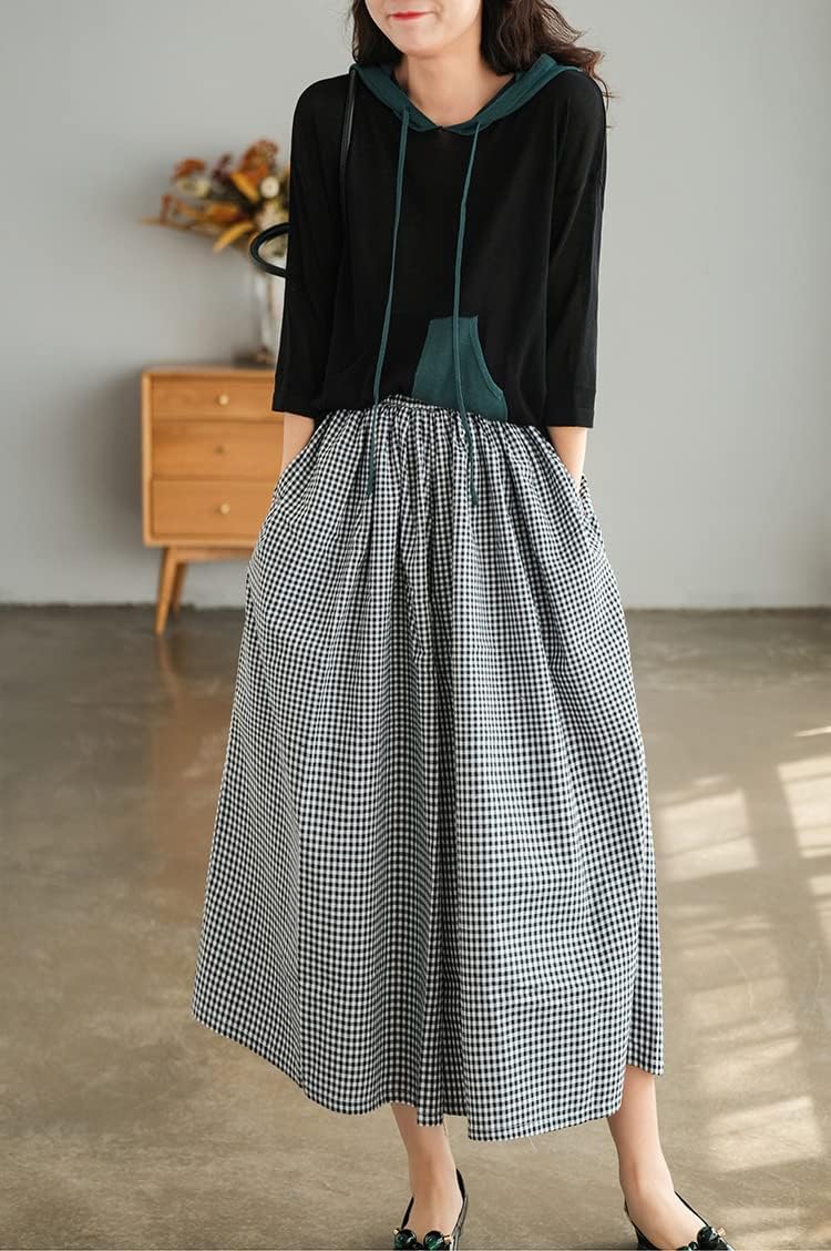 chouyatou Women's Cotton Linen Pants Elastic Waist Plaid Gingham Wide Leg Capri Palazzo Pants - Image 4