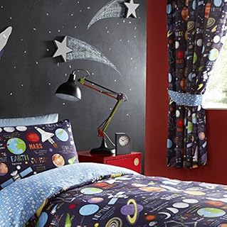 Kidz Club Planets Pencil Pleat Fully Lined Pair Curtains, Fabric, Black, 66 x 72 inch Drop