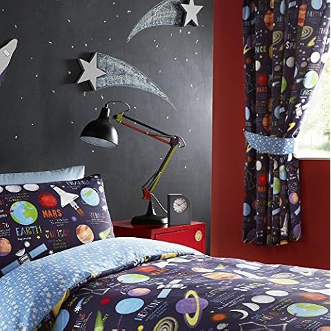 Kidz Club Planets Pencil Pleat Fully Lined Pair Curtains, Fabric, Black, 66 x 72 inch Drop Cover