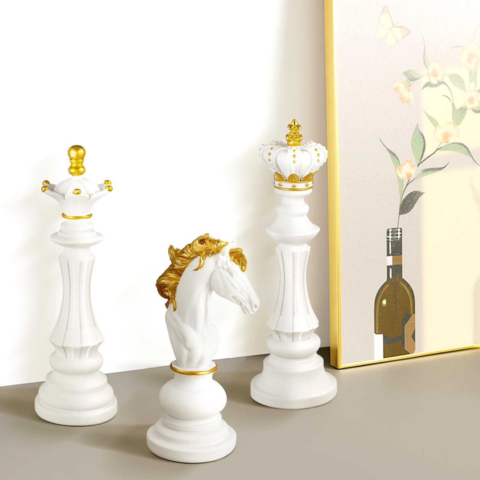 3-teiliges großes Schachfiguren-Dekor-Set, 26,7 cm, 37,7 cm, Königin, Ritter, Schachfigur, Ornament, Geschenk für Zuhause, Büro, Schreibtisch, Tisch, Schrank (weiß)
