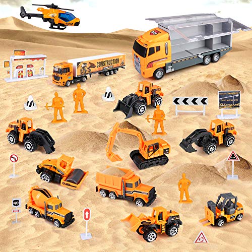 BeebeeRun 27 in 1 Engineering Construction Truck Car Toy Set, Alloy Transport Truck with Workers and Road Signs, Play Vehicles in Carrier Gifts for 3+ Kids Boys and Girls