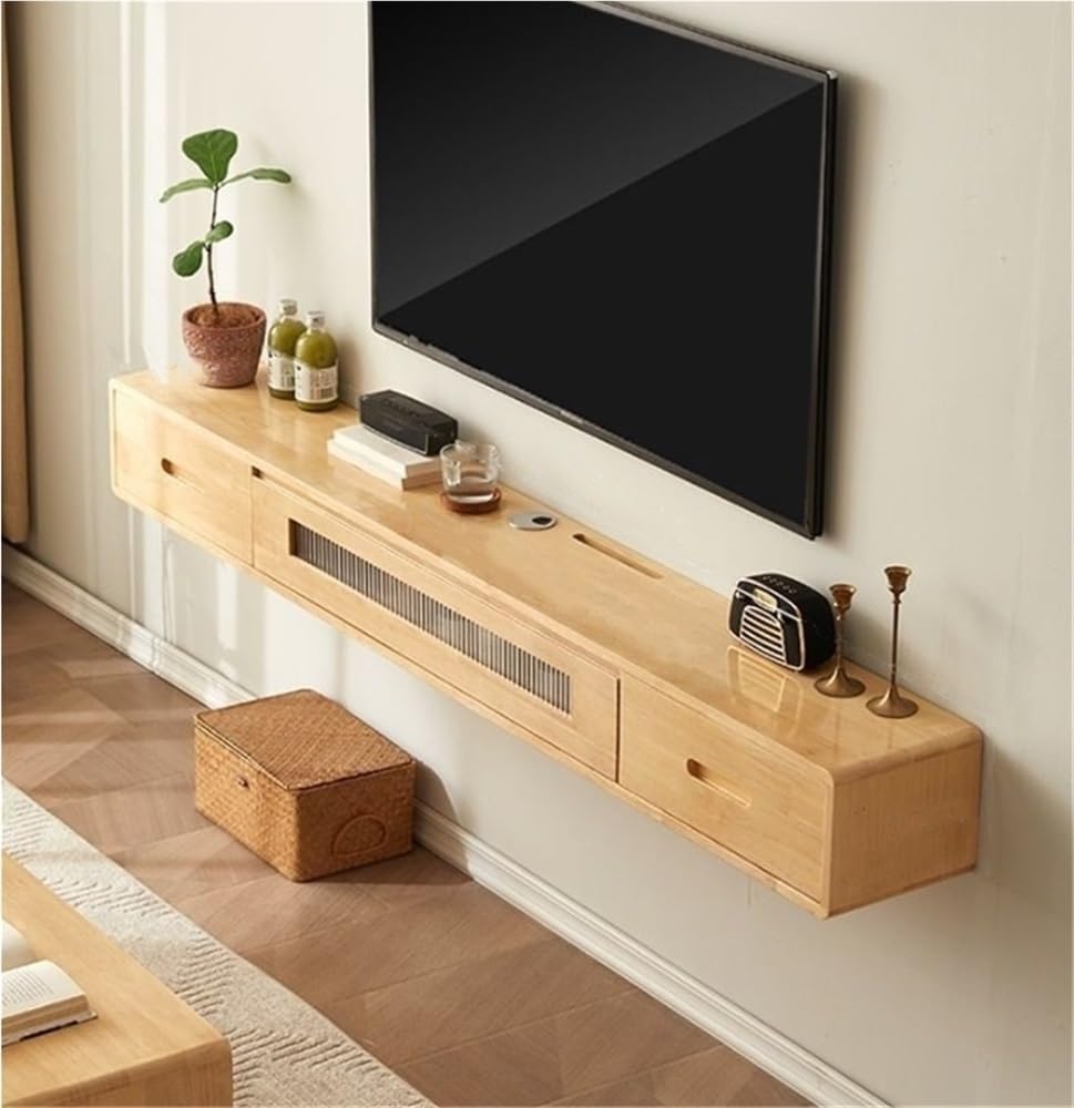 Nowoczesna pływająca podstawka pod telewizor montowana na ścianie konsola multimedialna z drzwiami pod klapą stylowy biały design oszczędność miejsca centrum rozrywki do salonu naturalne wykończenie.