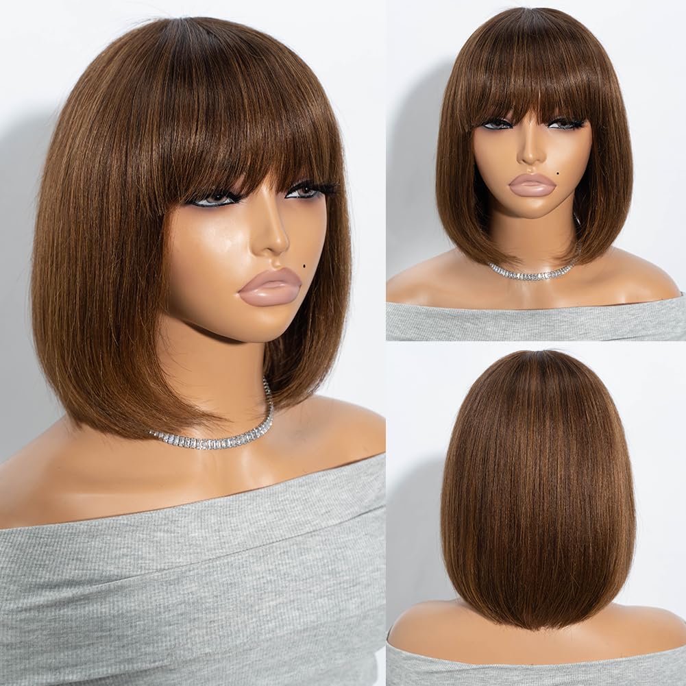 Joedir Short Human Hair Wig with Bangs Straight Bob Wigs for Women Highlights Brown Bob Wig Human Hair 10 Inches Straight None Lace Front Glueless Wigs for Daily Wear