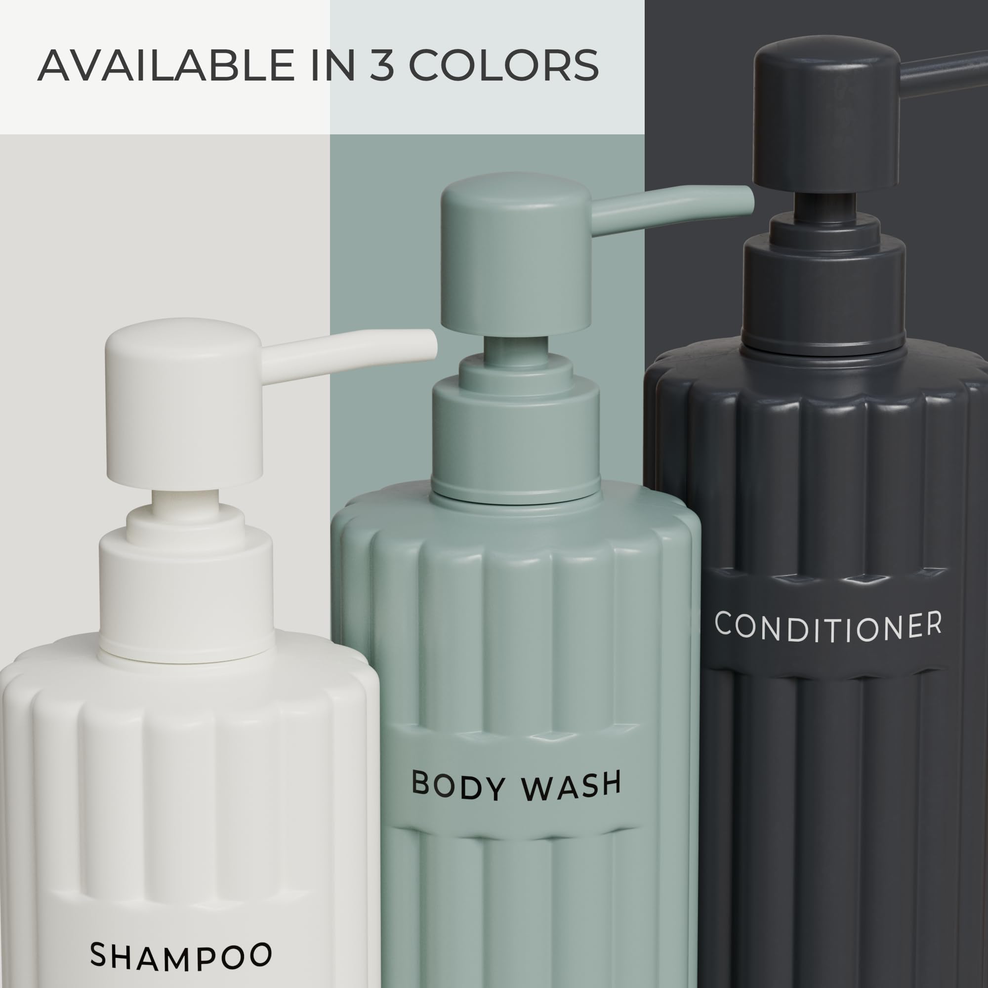 Elegante dispenser per shampoo e balsamo, set da 3 – Moderne bottiglie di sapone da doccia con pompa ed etichette, dispenser per bagnoschiuma facile da riempire per un aggiornamento istantaneo della
