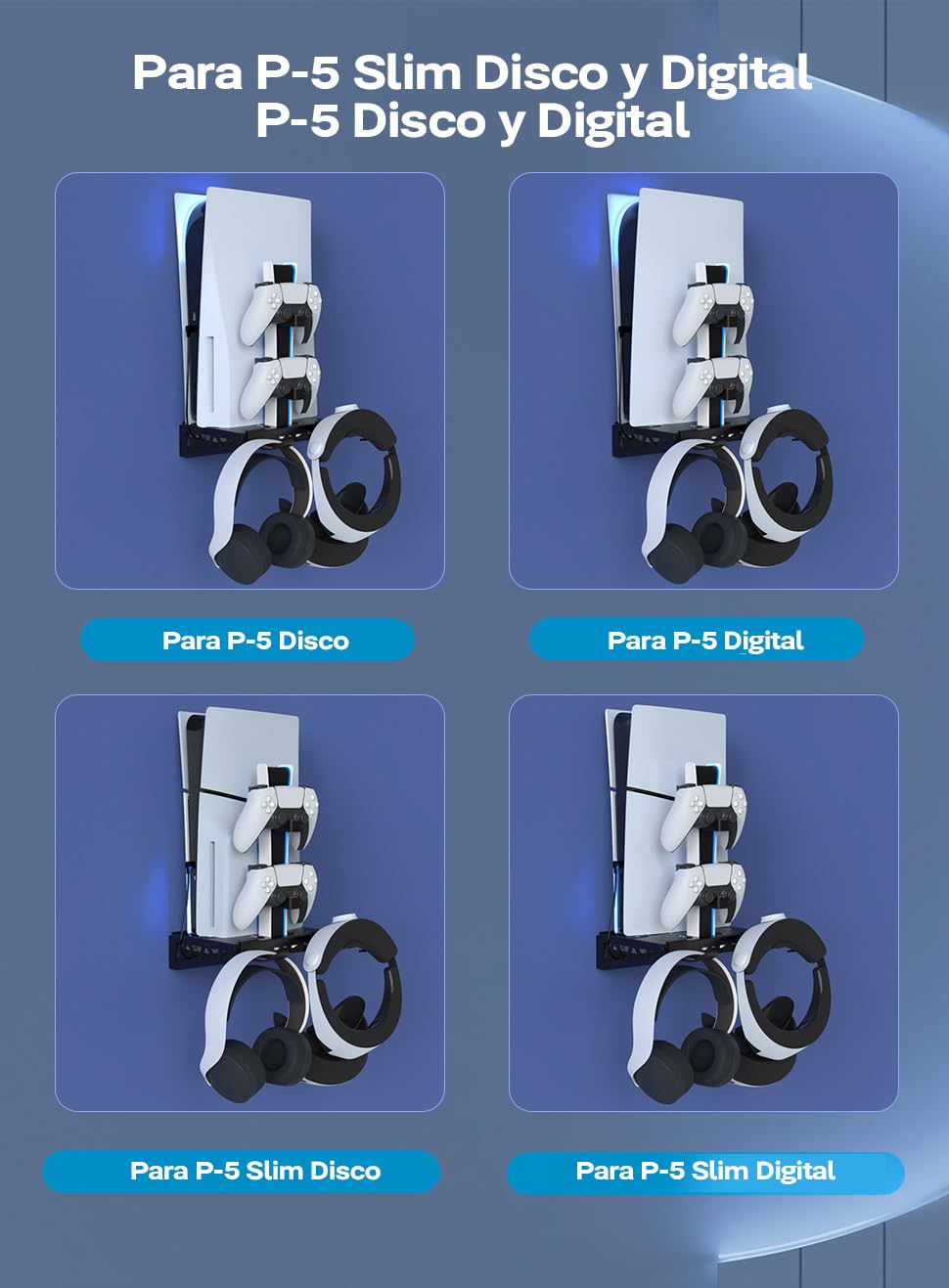 Soporte de pared Playstation 5 PS5 Slim y VR2 con RGB ,Ventilador Refrigerador, Soporte y Carga de 2 Mandos PS5, Soporte Auriculares, Accesorios PS5 Digital y de Disco (Soporte de Pared RGB)