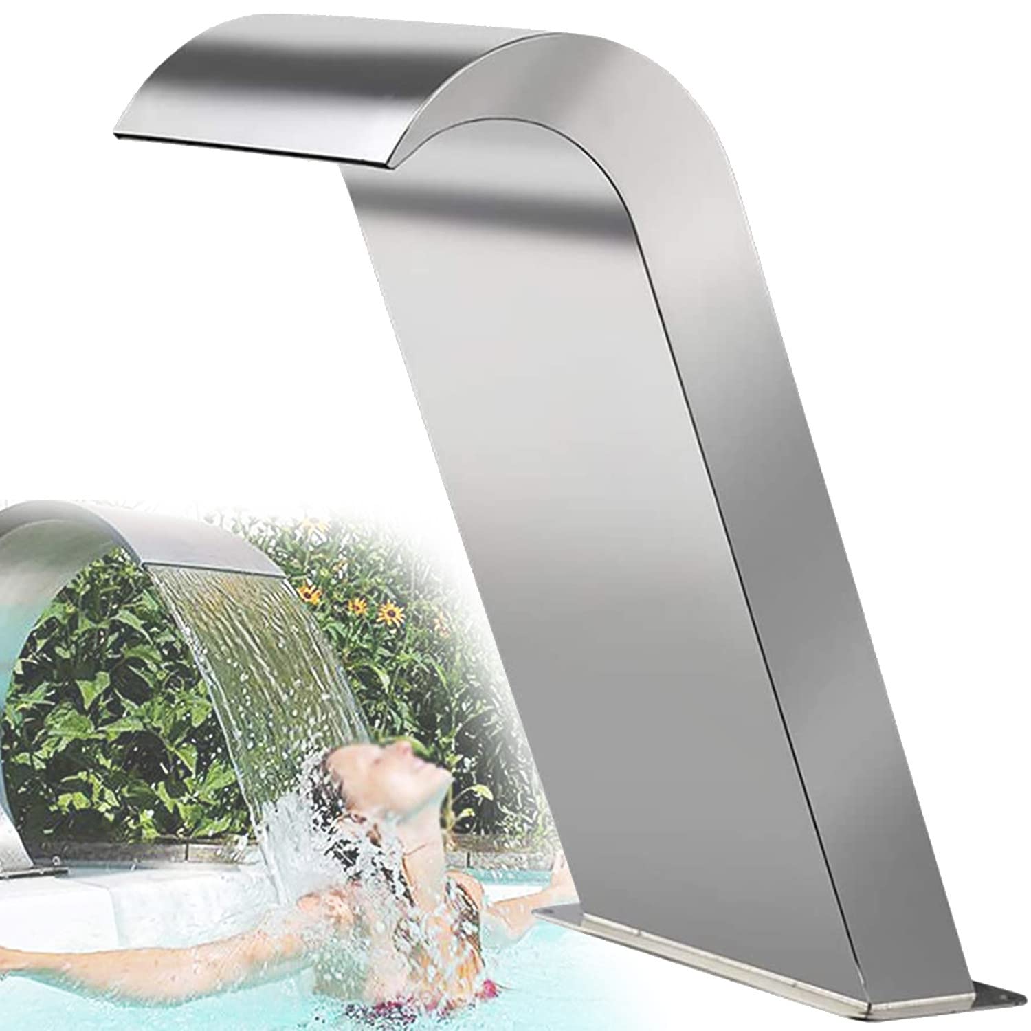 Fontaine Cascade en Acier Inoxydable pour Piscine, Design incurvé élégant, Acier Inoxydable 304 antirouille, décoration pour Bassin de Jardin ou terrasse, élément décoratif extérieur avec Un