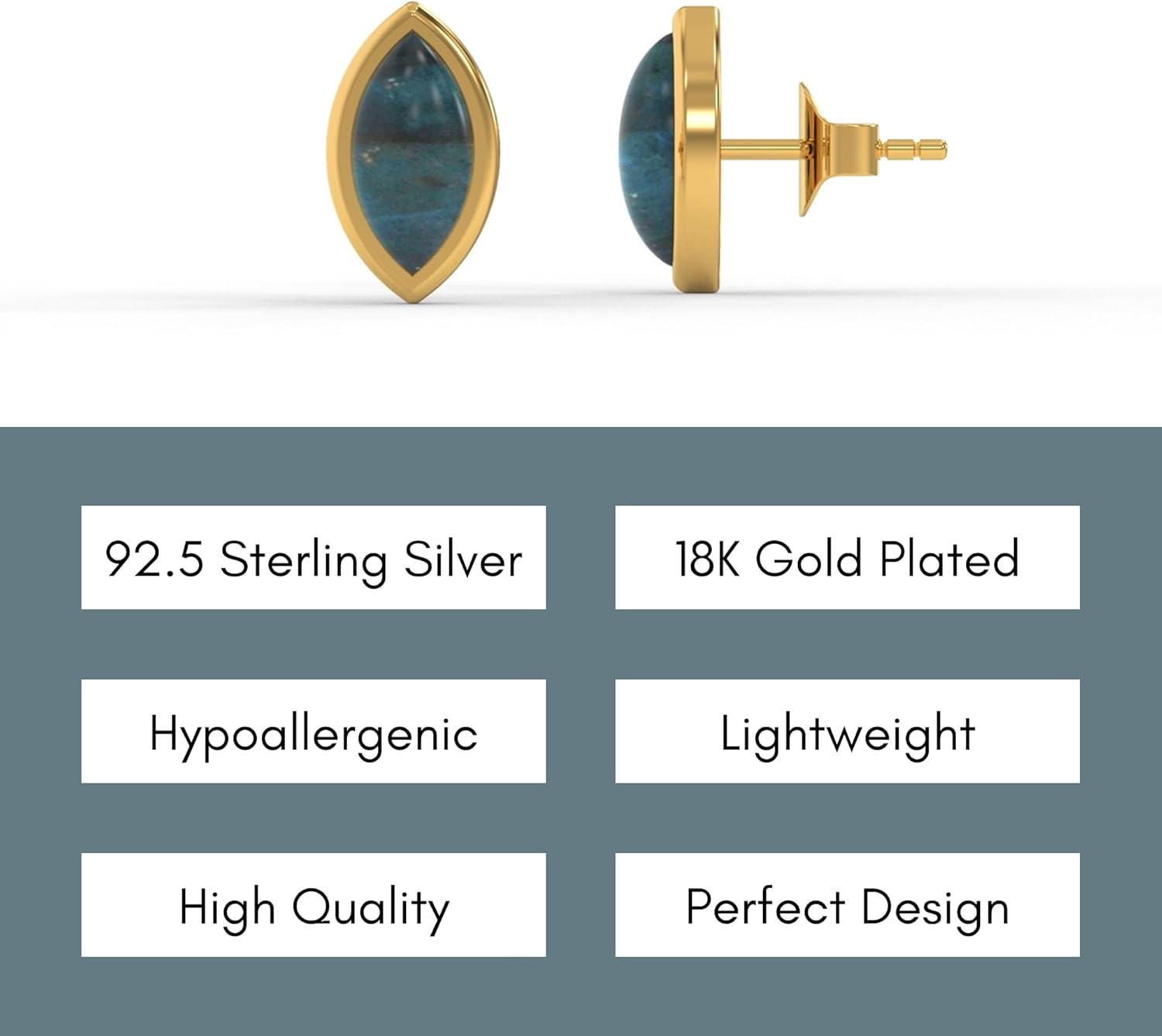 925 Sterling Silver Gemstone Stud Earrings for Women, 18K Gold Plated Marquise Shape Dainty Earrings, Hypoallergenic Fine Jewelry Gift for Mother's day