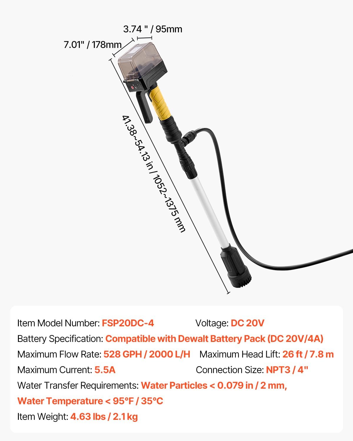 VEVOR Cordless Stick Water Transfer Pump, 528GPH, Portable Sump Pump with NPT3/4" Garden Hose, Compatible with Dewalt 20V MAX Battery (No Battery), Electric Utility Stick Pump for Pool, Garden, Pond