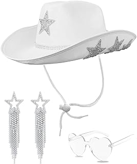 White Cowgirl Hat with Heart Sunglasses - Cowboy Hat with Glitter Star Fits Women for Bachelorette Themed Party