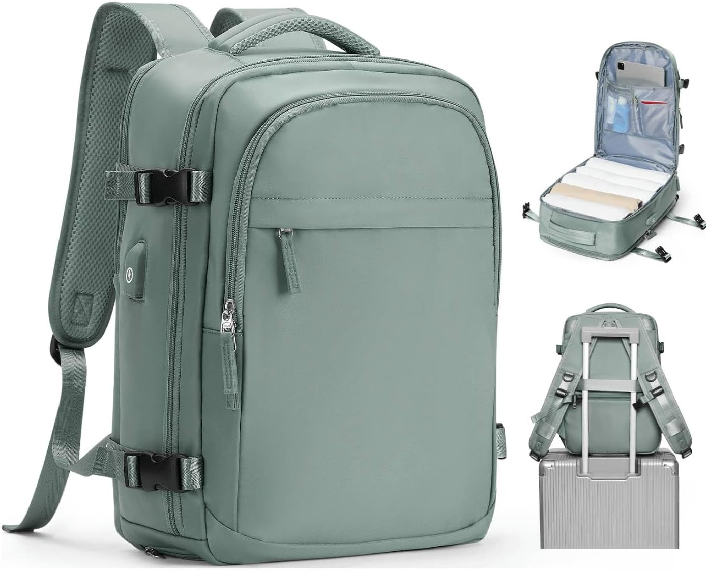 livbote Sac a Dos Voyage Cabine Avion 40x30x20,Sac a Dos de Voyage Bagage a Main Imperméable Travel Backpack avec Compartiment à Chaussures Et Poche Humide Vert