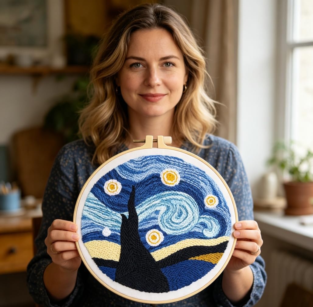 YEESAM ART Punch Needle Kit with Starry Night by Van Gogh Patterns, Full Set DIY Punch Needle Embroidery Set with Hoop Tool, Easy Craft for Adults Beginners