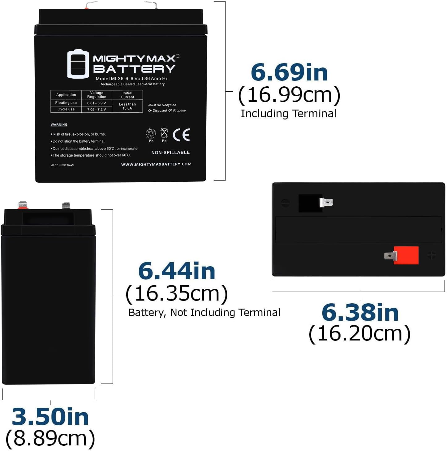 Mighty Max Battery 6V, 36Ah, AGM, F2 Terminal, Replacement Battery Compatible with Emergency Lighting - 2 Pack