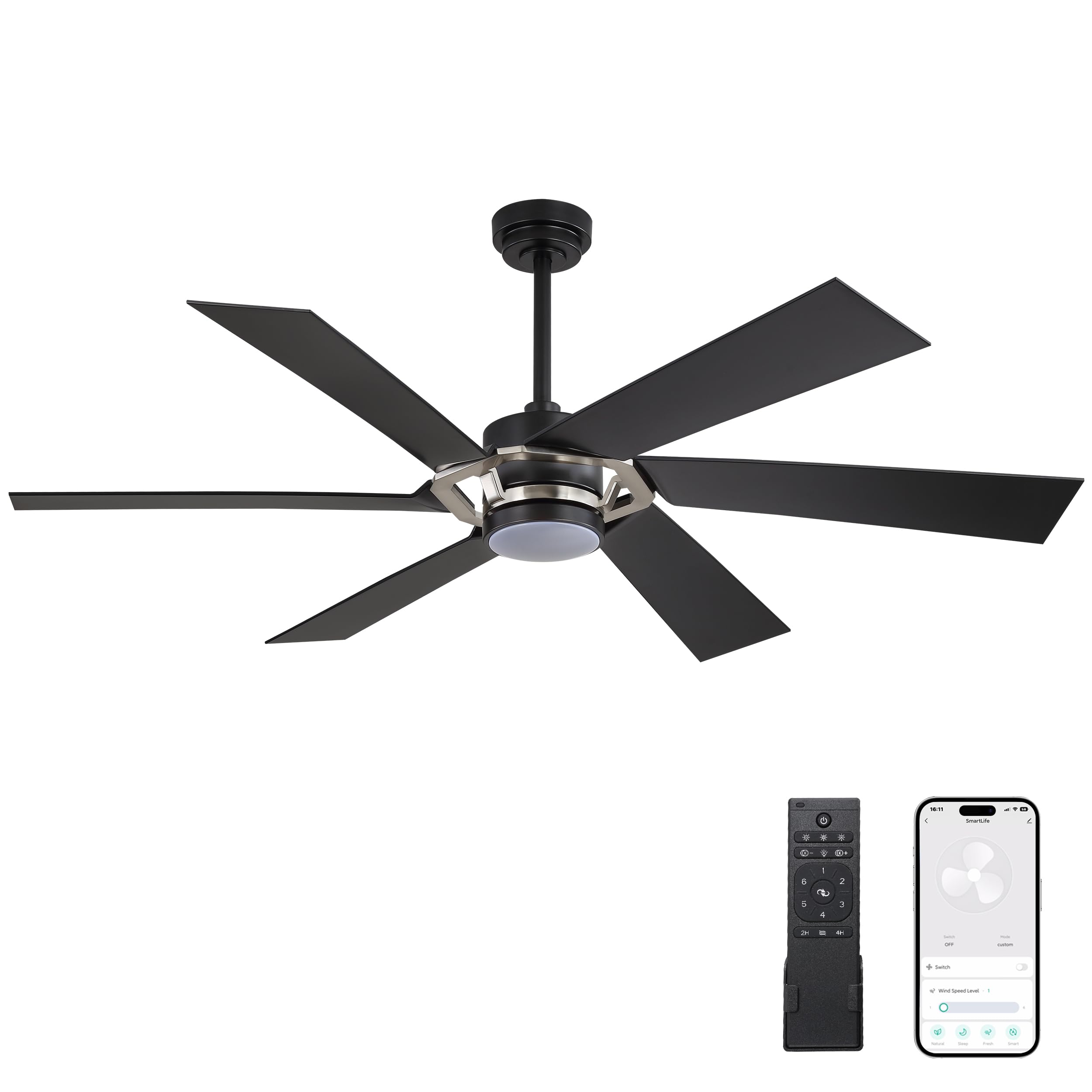 WINGBO60" Smart DC Ceiling Fan with Lights, 6 ABS Plastic Blades, 6 Speeds Reversible DC Motor, APP/Remote/Voice Control, Dimmable LED Ceiling Fan for Indoor and Outdoor, Nickel and Black