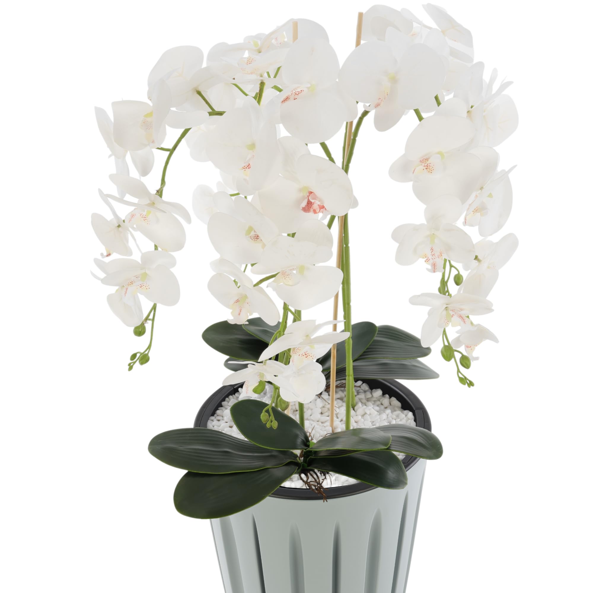 botle Sztuczna orchidea, biała kaskada, bukiet kwiatów w doniczce z rowkami, szary, wys. 100 cm, gumowane kwiaty, 5 pędów, dekoracja, piękny, stylowy do domu, biura