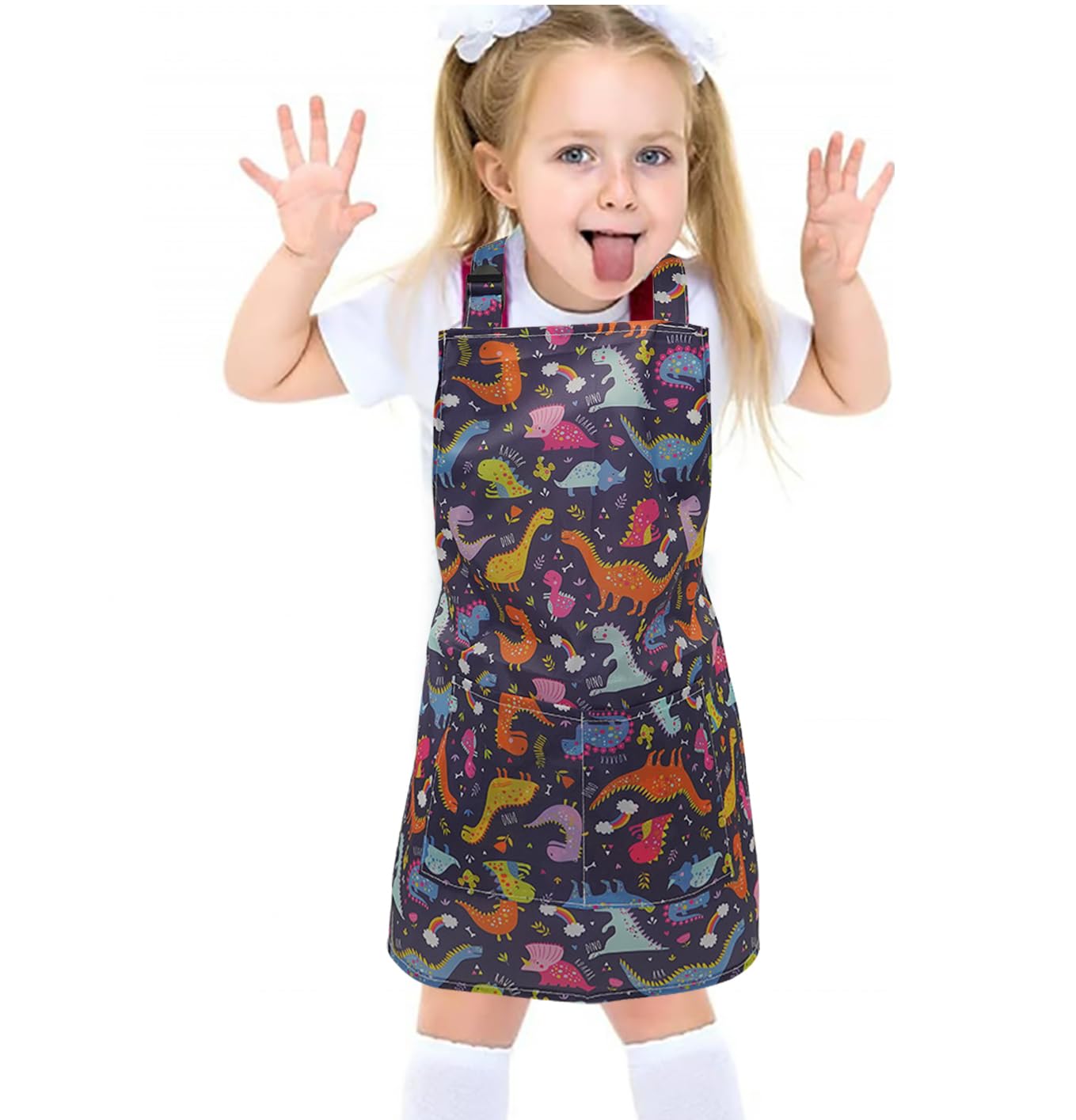 MESU Kids Aprons Cartoon Adjustable Child Chef Apron for Art Painting Gardeningg Dinosaur - Image 3