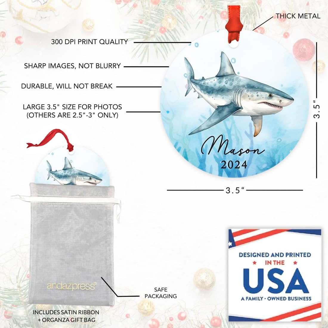 Andaz Press 3.5" Metal Personalized Shark Ornament 2026, Light Blue Shark Design, Custom Shark Ornaments for Christmas Tree, Customized Shark Christmas Ornament for Kids, Shark Lovers, Marine Life - Image 2