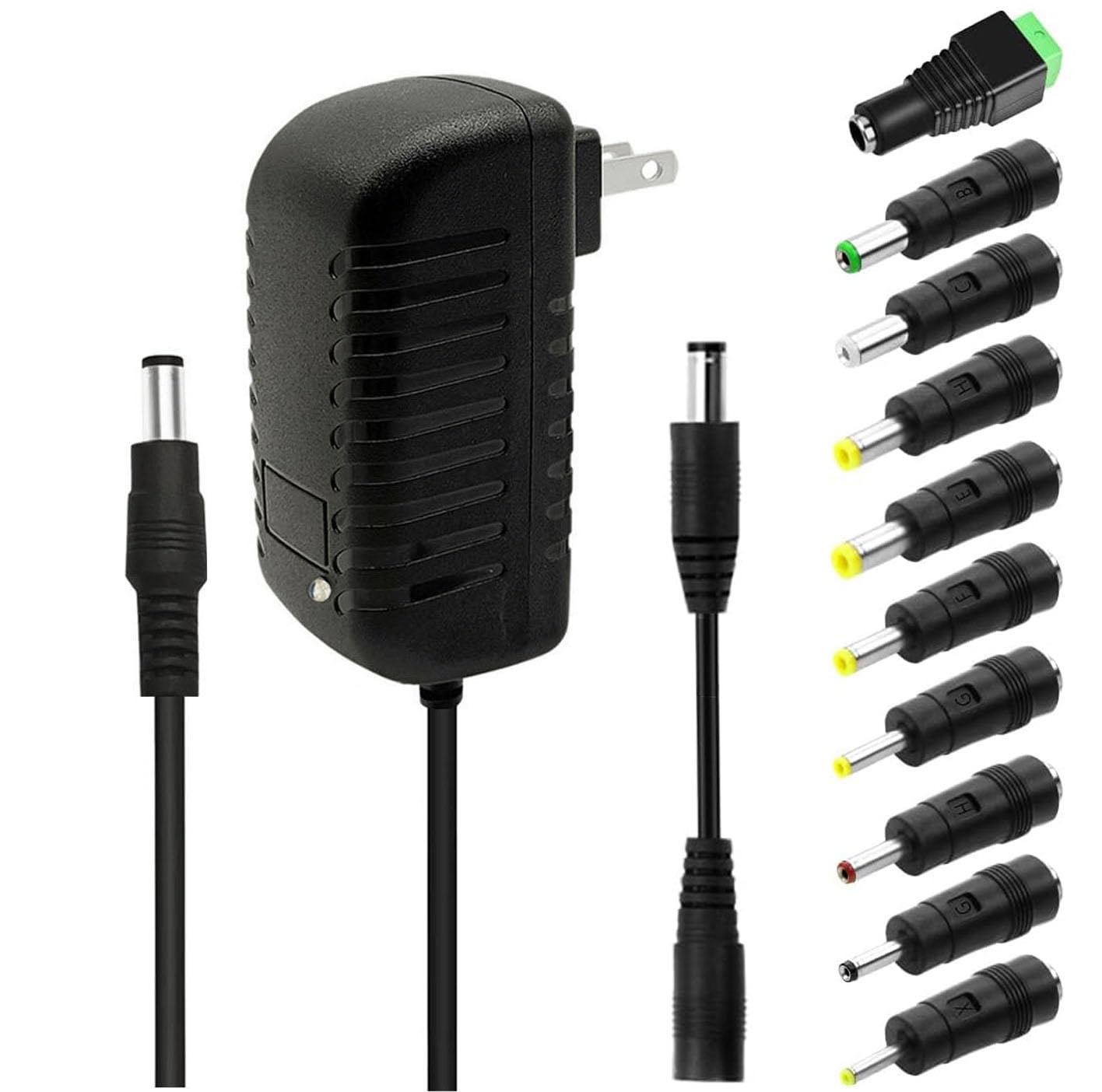 9Volt 2A Power Supply, ac dc 9V 2000mA Power Adapter Cord, 9 Volt 2 Amp Transformer with 10 Tips & 5.5mm x 2.1mm Reverse Polarity Converter Cable