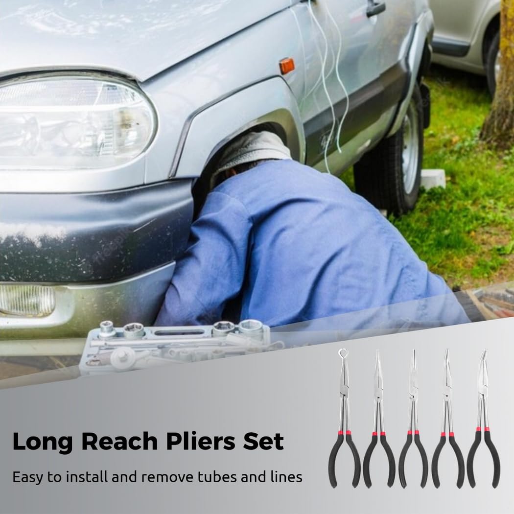 Set di 5 pinze a becco lungo, 28,9 cm, con angoli dritti, 25, 45, 90 gradi, pinze tipo O, con custodia