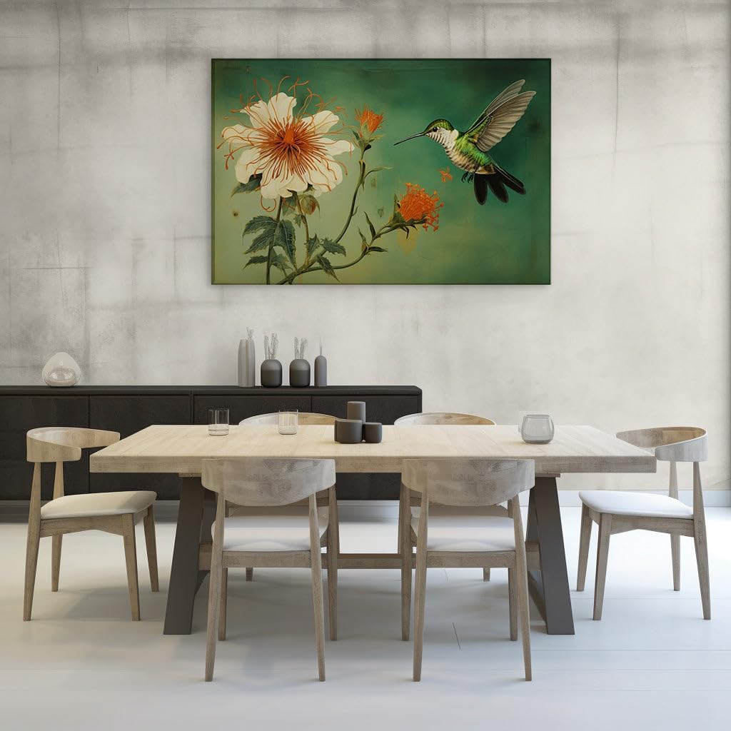 Canvas for Living room. Soaring Hummingbird Encounters a Blossom of Serenity, 27 x 18 inch Canvas Wall Art - Vibrant Pops Of Color - Nature Home Decor