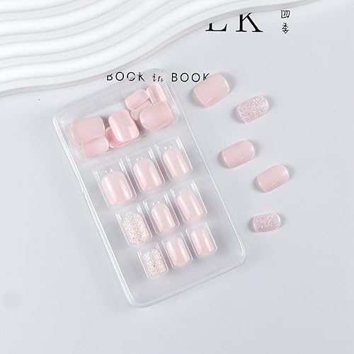 Miniatura 5 de Uñas cortas a presión de gel cuadrado con pegamento brillante, con diseño de purpurina plateada, blanco nude, decoración de uñas de invierno,