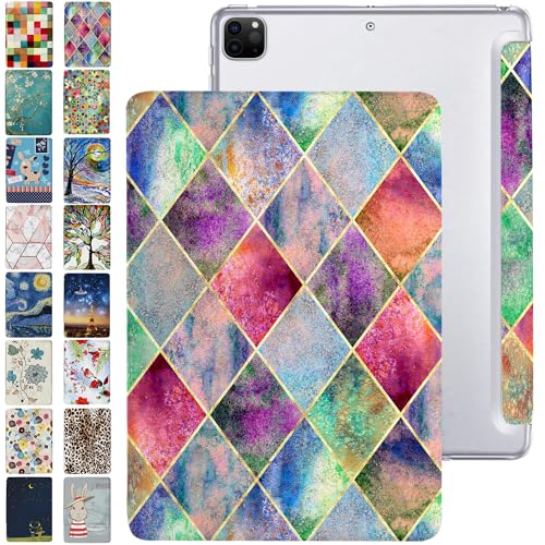 Image of DuraSafe Cases for iPad PRO 12.9 Inch 5th 4th [ Pro 12.9 4 5 Generation 2020 2021 ] A2378 A2461 A2379 MHNR3HN /A MHNT3HN /A Trifold Printed PC Lightweight Protective Clear Back Cover - Diamond Grid