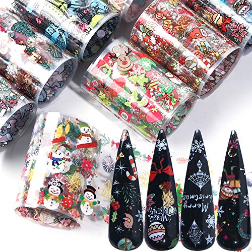BFY Christmas Nail Foil Transfers Stickers Nail Art Supplies 10 Pcs Santa Claus Snow Bell Christmas Tree Nail Decals Tips Wraps Nail Art Accessories for Women Christmas Decor DIY Nail Art