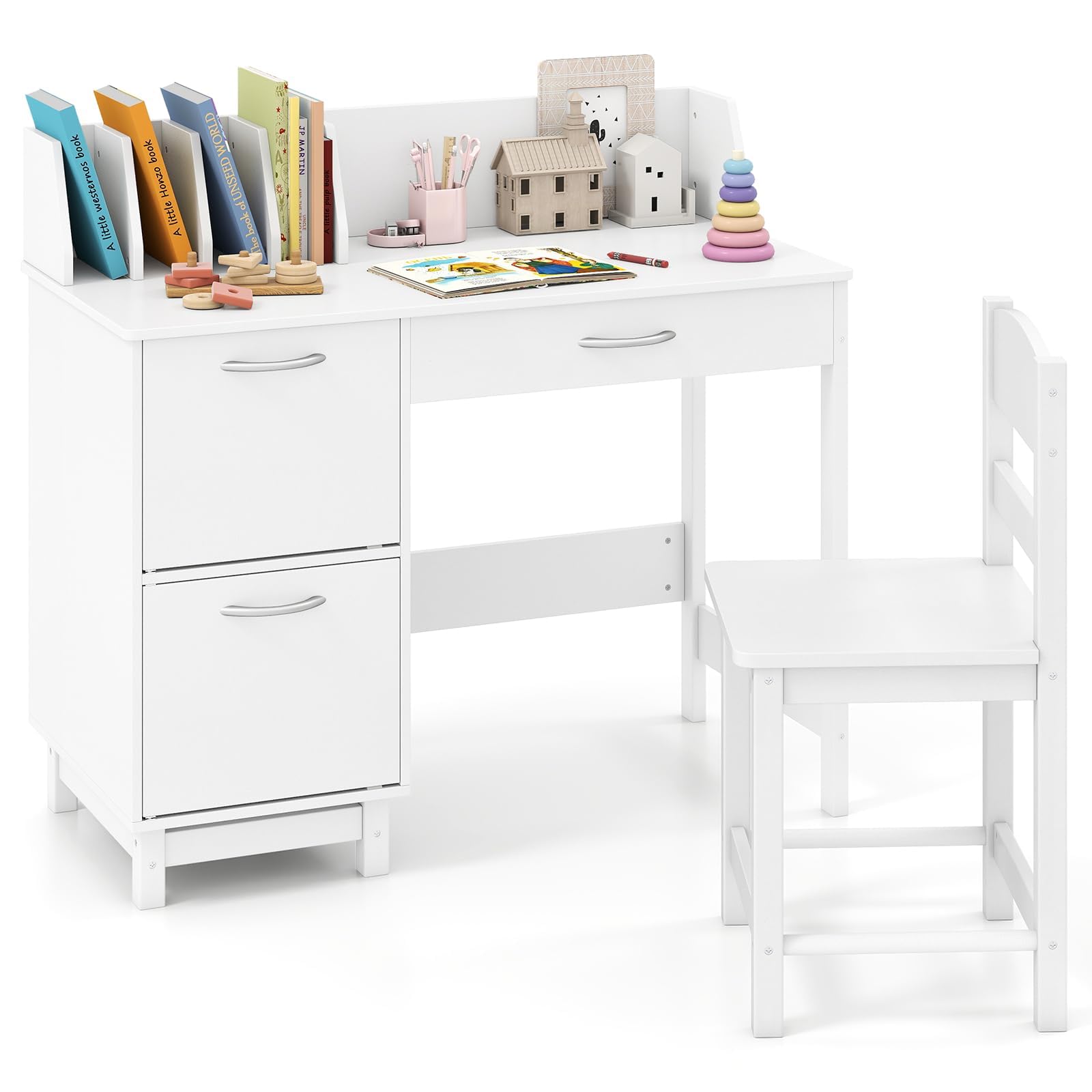 COSTWAY Schreibtisch Kinder Set mit Stuhl, Kinderschreibtisch mit Stauraum, Schülerschreibtisch mit Regal, offener Ablage & Schrank, Jugendschreibtisch für Jungen & Mädchen ab 3 Jahren (Weiß)