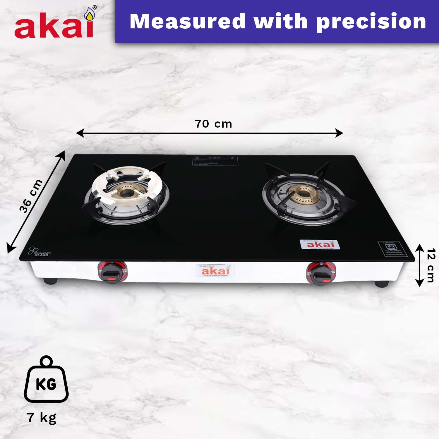 Akai Glass Top Double Brass Burner Gas Stove,| Manual Ignition
