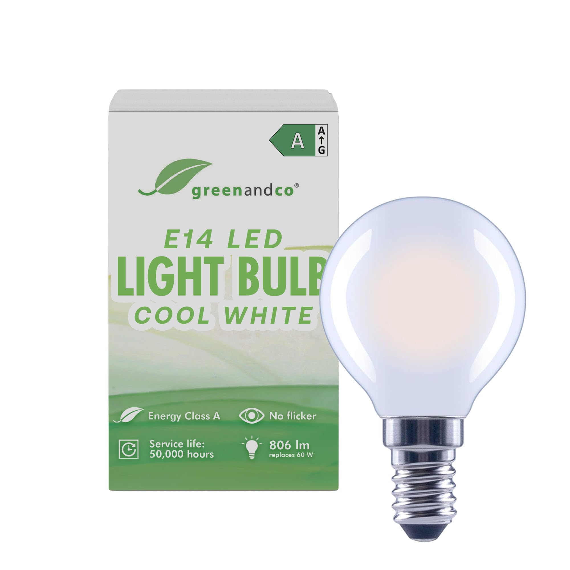 greenandco LED Filament Light Bulb | Frosted | E14 G45 | 3.8W 806lm | Replaces 60W | 6500K Cool White | 320° | 230V | Flicker Free | Energy Class A | Non-dimmable