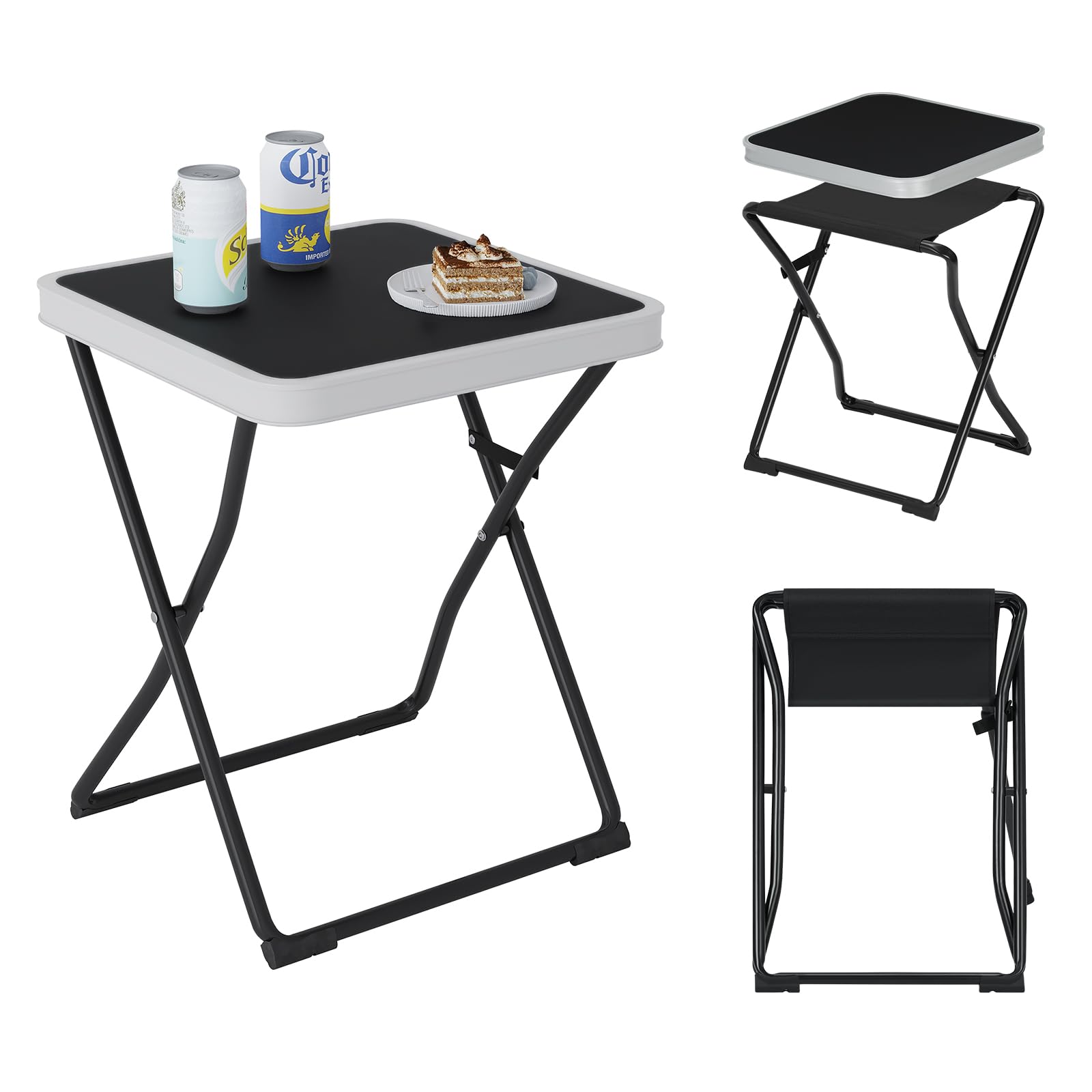 eSituro Table Pliante 2 en 1 d'Appoint avec Plateau Amovible, Tabouret Portable pour Camping Extérieur, 40,5x40,5x50cm, Noir