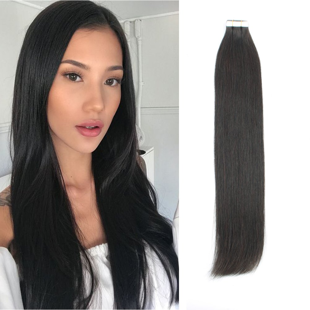 Sassina Tape in Human Hair Extensions Off Black 1B Natural Silky Straight Skin Wefts Brazilian Remy Hair 20Pcs 50g per set (1B 16inch)
