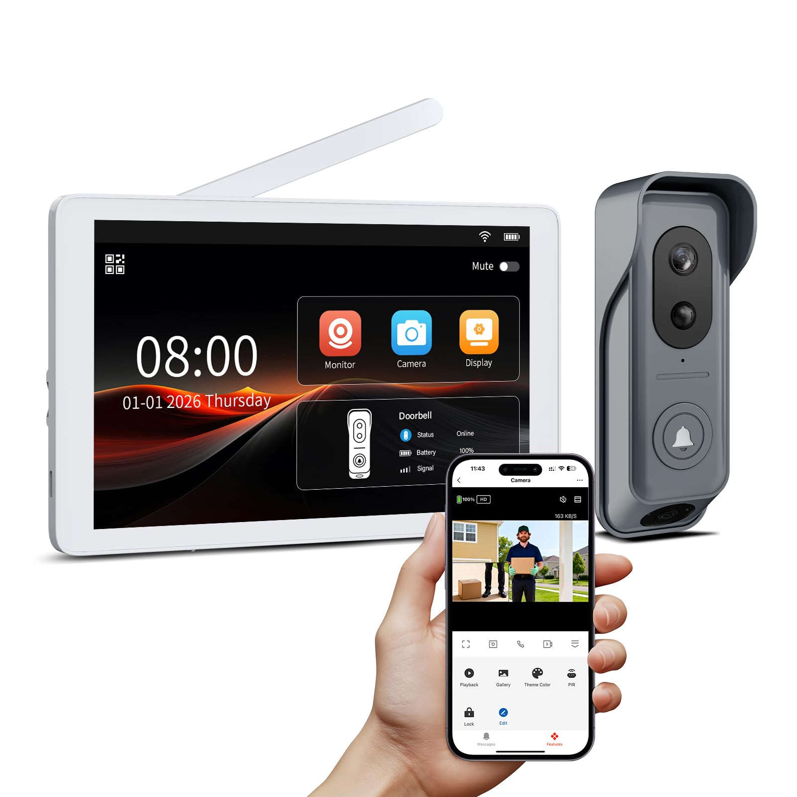 Wireless Dual‑Lens Video Doorbell with 8" Touchscreen Monitor,WiFi Dual‑Cam Door Phone Intercom System,Head‑To‑Toe View,Motion Detection,2‑Way Audio,Night Vision,Local Storage No Monthly Fee,Tuya APP