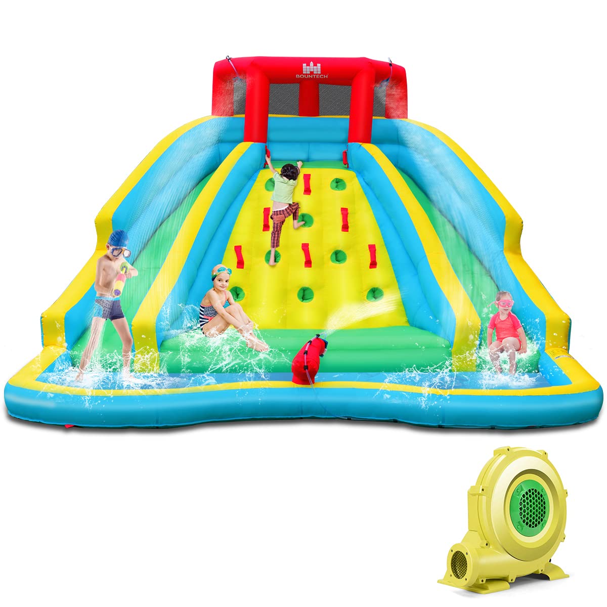 COSTWAY Tobogán Inflable, Parque De Agua Para Niños Con Piscina De Chapoteo, Pared De Escalada, Cañón De Agua Y Toboganes (Con Soplador De 680W)