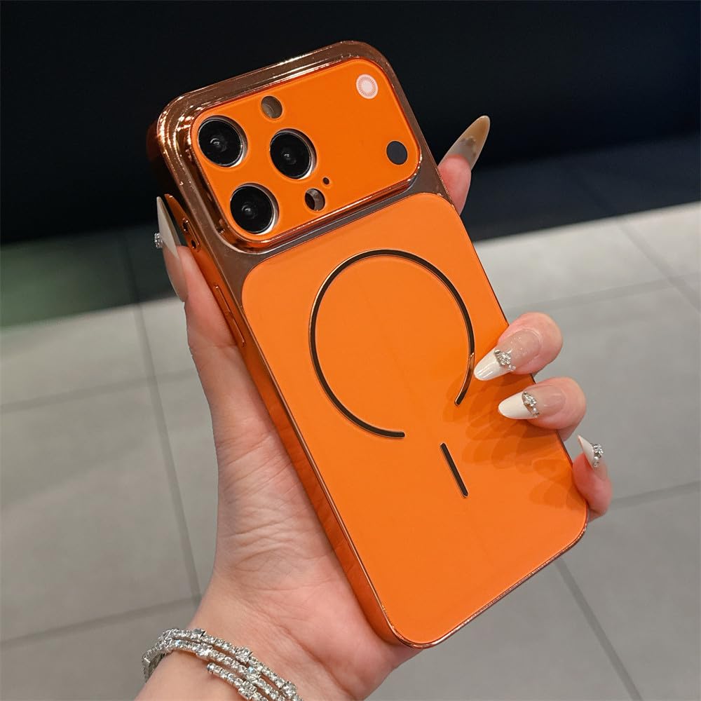 Coque iPhone 13 Pro Max magnétique orange en fibre de carbone texture litchi mat - 8