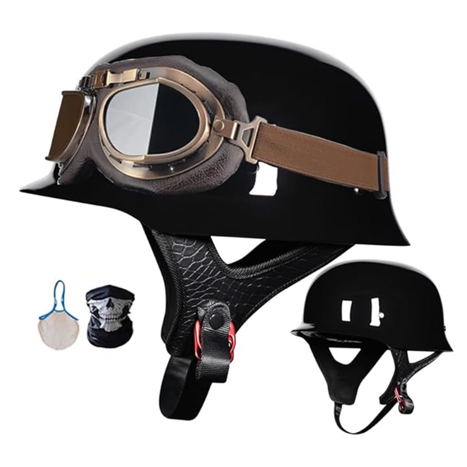 Casque de Moto rétro, Casque Jet, Casque de Scooter avec Lunettes, Casque Demi-Coque certifié ECE pour Hommes et Femmes, Casque Demi-Coque Allemand E,M57-58CM