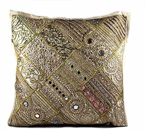 India Meets India Handmade Crafted Designer Golden Large Ethnic Indian Style Home Decorative Indian Pillow Case/Cushion Cover by Artisans of Gujarat