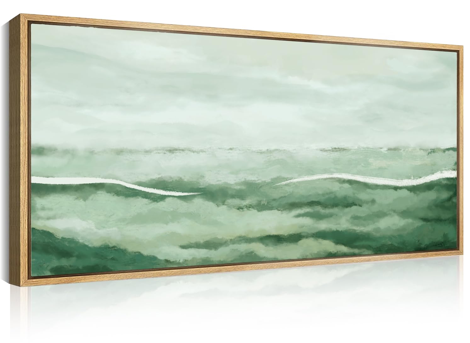 ANHUIB Large Green Abstract Framed Wall Art 20x40 Inch Sage Green Landscape Canvas Wall Decor Beige Neutral Watercolor Lake Textured Illustrations Painting for Living Room Bedroom Dining Room